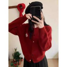 批发韩系2025冬季新款圆领加厚保暖毛绒亲肤圣诞帽女针织 显瘦开衫