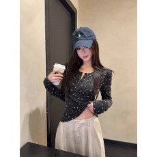美式辣妹碎花长袖t恤女秋冬磨毛亨利领小个子洋气打底衫针织上衣
