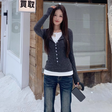 PPHOME假两件撞色拼接长袖针织衫女秋季chic灰色打底修身百搭上衣