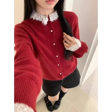 2025秋冬新款韩系娃娃领蕾丝拼接针织开衫上衣外套毛衣女