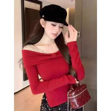 批发红色蕾丝拼接露肩T恤女2025秋<b class='q'>冬</b>圣诞氛围感短款内搭打底衫上衣