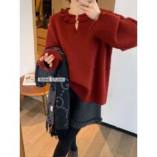 批发本命年复古红木耳边泡泡袖<b class='q'>毛衣</b>女款2025新款冬季慵懒风气质针织衫