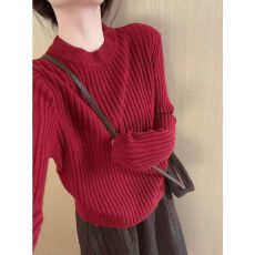 批发圆领坑条针织<b class='q'>打底衫</b>女2025冬季新款韩版宽松套头毛衣复古风