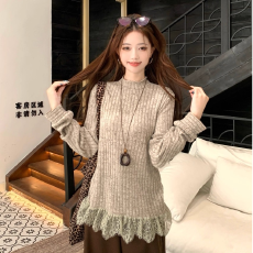 批发红人馆内搭打底衫女2025新款长袖t恤半高领韩系慵懒蕾丝针织上衣