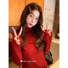 批发红色半高领荷叶边<b class='q'>长袖</b>针织衫女秋冬修身设计感小众打底衫露肩上衣