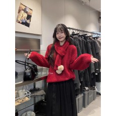 批发圣诞红色氛围感带围巾加厚针织毛衣<b class='q'>外套</b>长袖冬季宽松外穿上衣女装