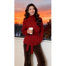 批发圣诞新年穿搭红色麻花收腰高领毛衣女<b class='q'>秋</b>冬宽松慵懒内搭打底针织衫