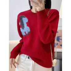 批发高级感卡通小马提花圆领羊绒针织衫女宽松减龄套头厚毛衣<b class='q'>秋</b>冬新款