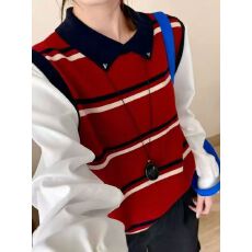 批发学院风撞色条纹假两件翻领针织衫女2025新款洋气减龄高级感上衣冬