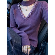 批发轻熟风<b class='q'>镂空</b>紫色花朵长袖针织<b class='q'>衫</b>女秋冬2025新款设计感显瘦绝美毛衣