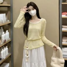 批发韩系黄色镂空蕾丝边套头长袖针织衫女2025新款甜美风罩衫显瘦上衣