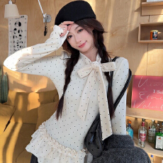 批发宋正恩杏波点绑带花边内搭打底衫女<b class='q'>冬</b>季叠穿设计修身长袖t恤上衣