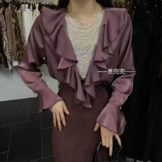 批发2026春季新款法式木耳花边拼接高订串珠小喇叭袖气质衬衫