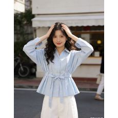 批发法式蓝色V领长袖衬衫女<b class='q'>春</b>秋2026<b class='q'>春</b>季新款绑带收腰设计感衬衣上衣