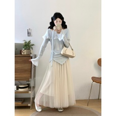 批发不规则提花挂脖小衫网纱裙套装女春装大码胖mm温柔气质显瘦两件套