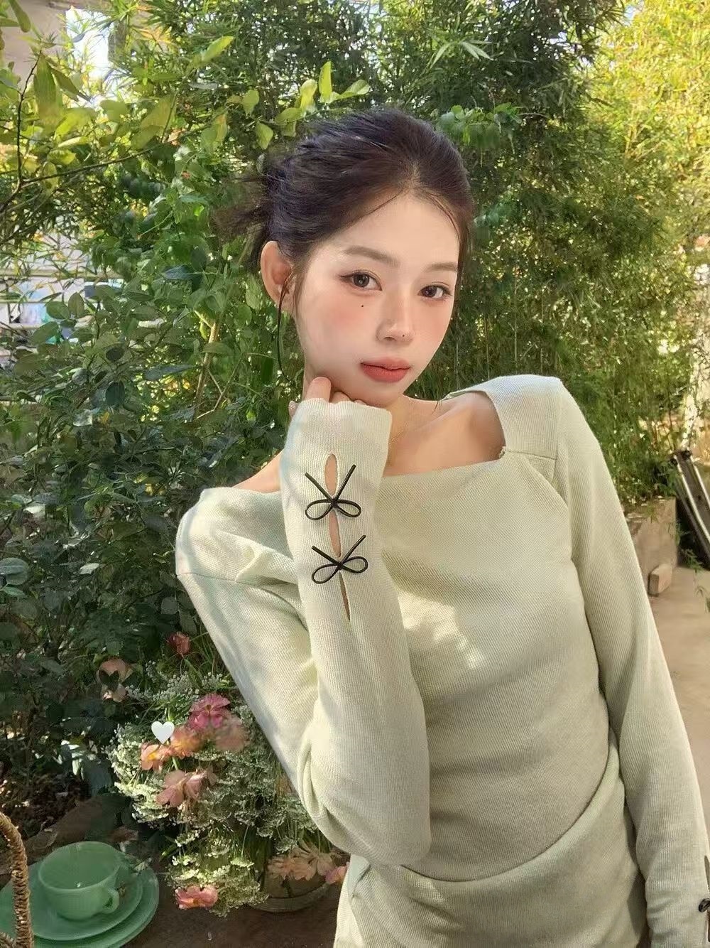26 년 이른 봄 세부 사항 인사이드 ~ 중 낭만주의 커프스 나비 매듭 흔들다 칼라 허리 수축 슬림해 보이는 좋은 핏 스타일 니트 스웨터