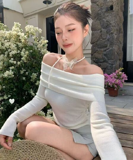 2026 년 봄 새로운 품격 낭만주의 자수 나비 오프숄더 니트 스웨터 경기 탈착식 리본