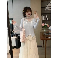 批发miu系蝴蝶结绑带吊带背心假两件女甜妹风网纱提花v领下摆针织长袖