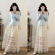 批发大码套装女2026<b class='q'>春</b>季新款撞色交叉扭结假两件长袖上衣网纱裙两件套