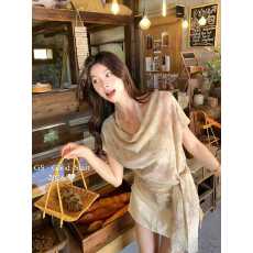 批发韩系浅蓝色扎染挂脖荡领上衣女2026年夏季新款短袖小衫设计感小众