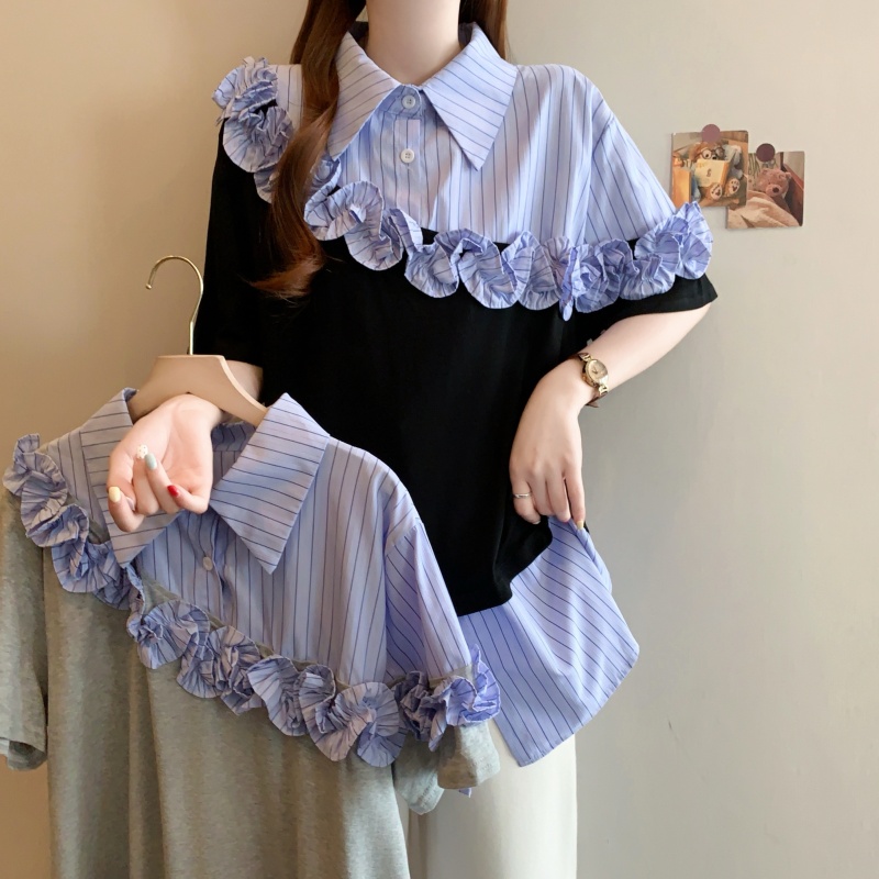 빅 사이즈 프릴 페이크 레이어드 스트라이프 반팔 여성 셔츠 여름 지방 mm 루즈핏 표지 배 슬림해 보이는 다용도 맨위