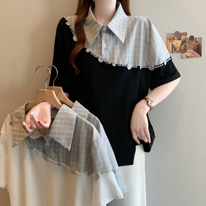 빅 사이즈 페이크 레이어드 체크무늬 셔츠 칼라 반팔 티셔츠 여성 여름 지방 mm 루즈핏 표지 배 슬림해 보이는 다용도 맨위