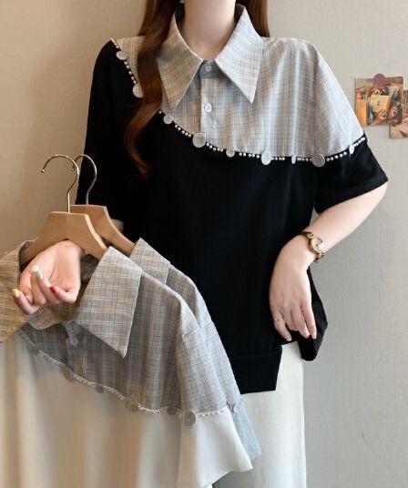 빅 사이즈 페이크 레이어드 체크무늬 셔츠 칼라 반팔 티셔츠 여성 여름 지방 mm 루즈핏 표지 배 슬림해 보이는 다용도 맨위