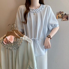 批发大码高级感系带收腰短袖衬衫女2026夏季新款胖MM时尚气质显瘦上衣