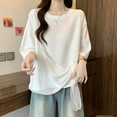 批发2026超火短袖t恤女夏新款<b class='q'>大码</b>胖mm显瘦设计感假两件雪纺拼接上衣