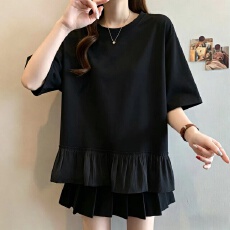 批发正肩短袖t恤打底衫女夏季新款<b class='q'>大码</b>胖mm显瘦遮肚法式雪纺拼接上衣