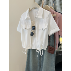批发实拍夏季新款设计感显瘦<b class='q'>休闲</b>工装衬衣女短<b class='q'>外套</b>大码胖mm百搭上衣