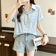 批发丝巾系带短袖打底衬衫女夏季2026大码胖mm显瘦巨好看法式短款上衣