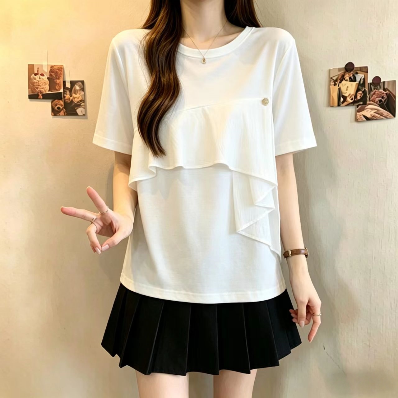 프릴 패치워크 디자인 센스 라운드 넥 티셔츠 여성 여름 빅 사이즈 통통한 여동생 슬림해 보이는 표지 고기 화이트 반팔 맨위