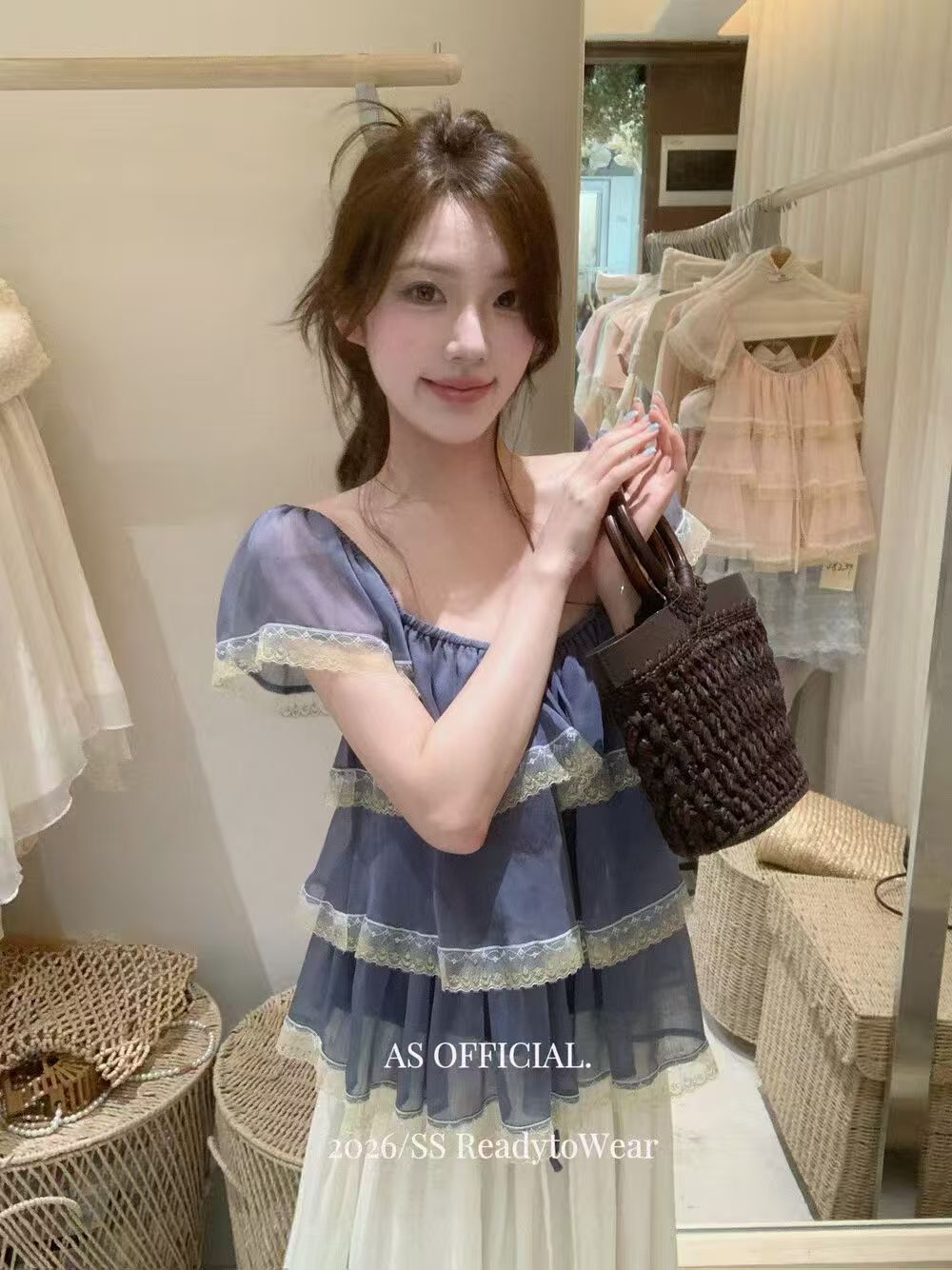 한 스타일 달콤함 프릴 레이스 조각 시폰 셔츠 여성 여름 반팔 파란색 케이크 실 Chic 맨위 작은 셔츠