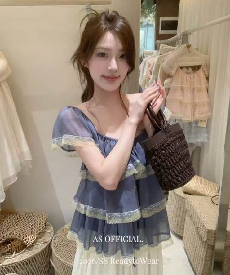 한 스타일 달콤함 프릴 레이스 조각 시폰 셔츠 여성 여름 반팔 파란색 케이크 실 Chic 맨위 작은 셔츠