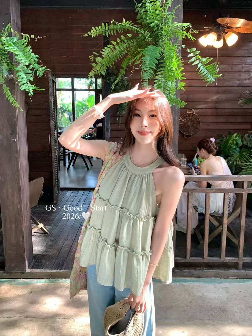 gs 열세 개 여성 의류 여름 프랑스식 달콤함 연령 감소 프릴 행침 목 작은 셔츠 민소매 루즈핏 맨위