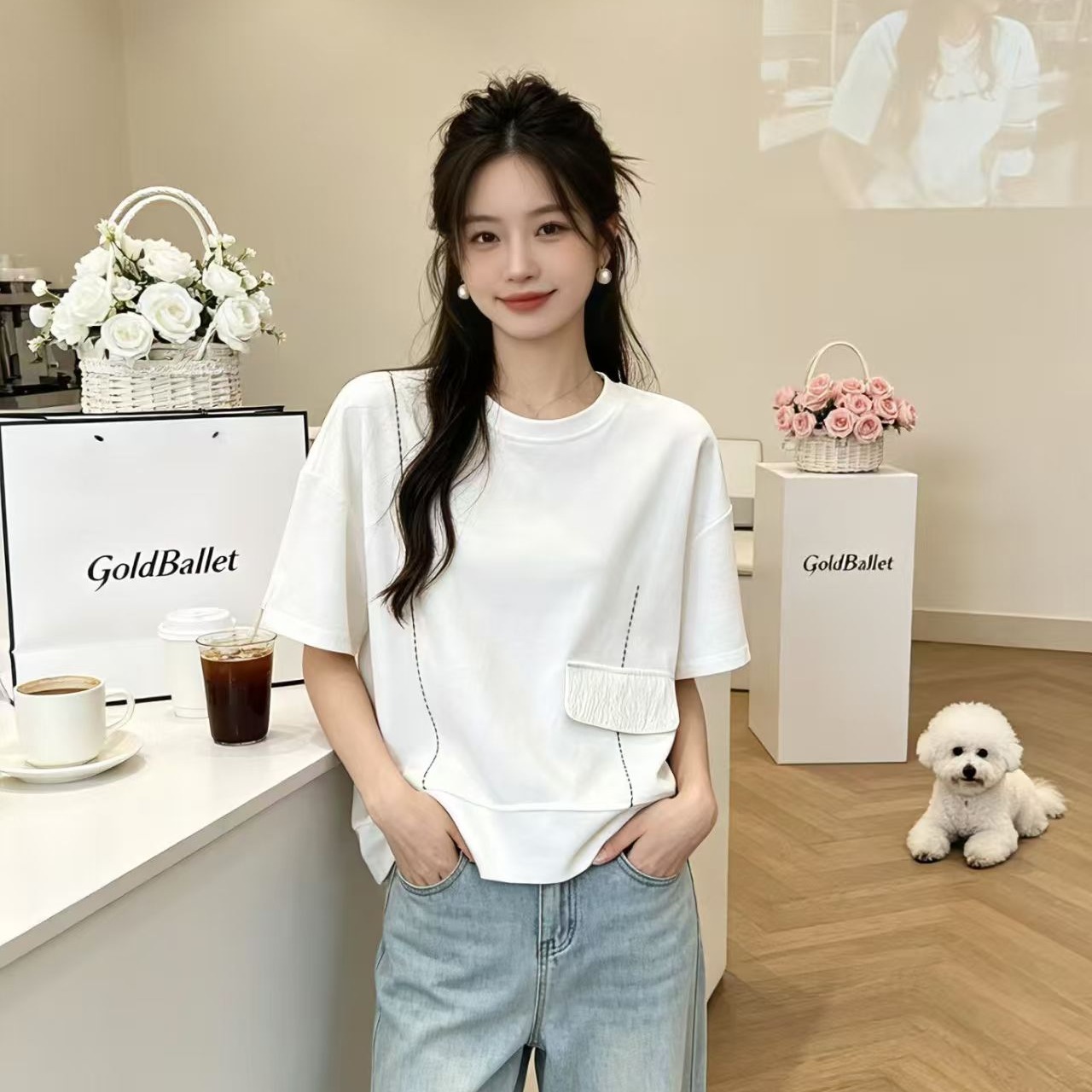 2026 여름 드레스 폭발 붓다 가방 불규칙 패치워크 라운드 넥 반팔 티셔츠 여성 루즈핏 캐주얼 디자인 센스 ins 맨위