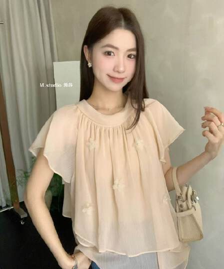 여름 부드러운 바람 3 차원 꽃 날다 소매 시폰 셔츠 여성 불규칙 떠 다니는 요정 가스 펄럭 이는 루즈핏 디스플레이 맨위