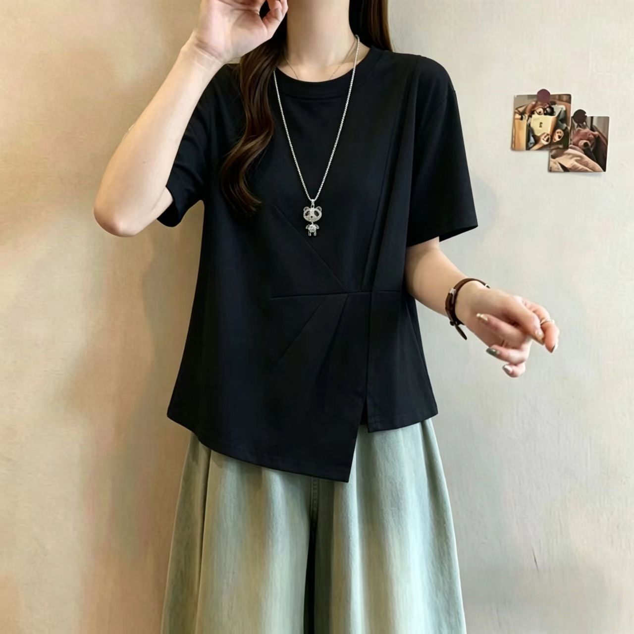 빅 사이즈 디자인 센스 주름 긍정적 인 어깨 반팔 티셔츠 여성 여름 마이크로 지방 mm 슬림해 보이는 허리 수축 작은 대중 불규칙 맨위