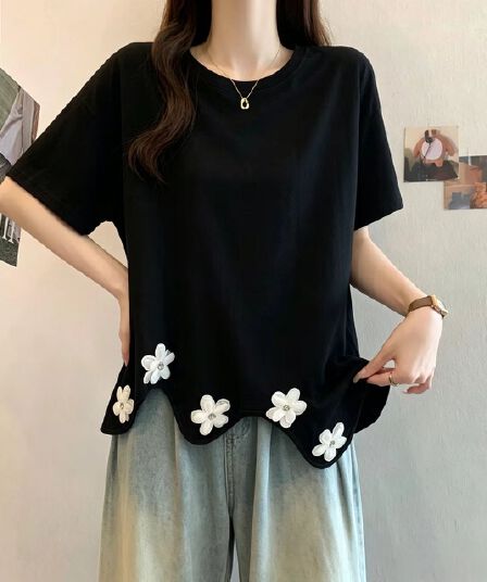 3 차원 꽃 불규칙 밑단 반팔 티셔츠 여성 여름 빅 사이즈 지방 mm 슬림해 보이는 표지 배 디자인 센스 맨위