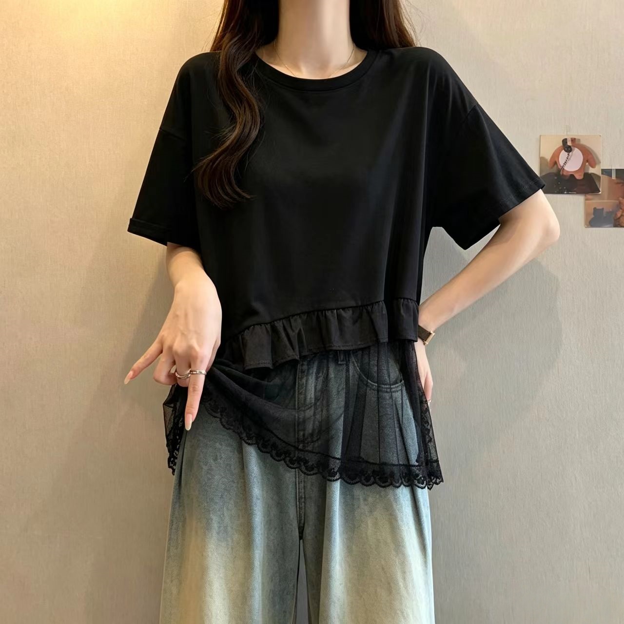 한 부서 부드러운 바람 라운드 넥 망사 패치워크 프릴 반팔 티셔츠 빅 사이즈 지방 mm 여름 표지 고기 슬림해 보이는 다용도