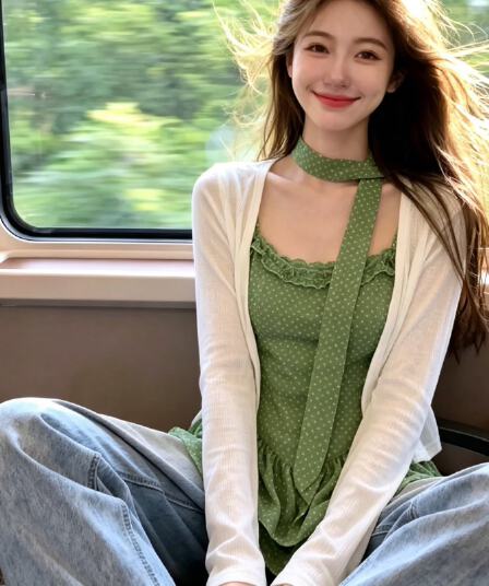 보존 섹션 추천 부드러운 바람 프릴 리본 슬립 두 조각 여성 세트 여름 스택 착용 자외선 차단 니트 오픈 가디건