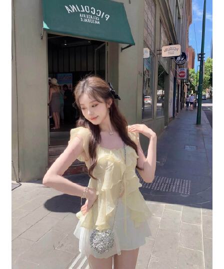 작은 p 의류 역 부드러운 바람 프릴 민소매 셔츠 여성 여름 새로운 광장 칼라 레이스업 작은 셔츠 불규칙 맨위