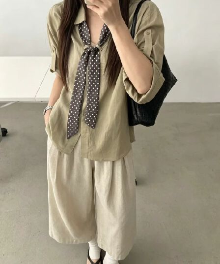 kumikumi 아메리칸 캐주얼 폴로 칼라 루즈핏 중간 소매 셔츠 여성 의류 2026 여름 Chic 다용도 외출용 맨위