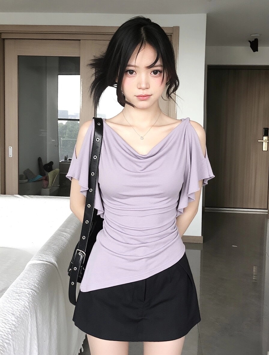 보라색 흔들다 칼라 프릴 오프숄더 티셔츠 여성 여름 불규칙 주름 허리 수축 슬림해 보이는 품격 핫걸 바람 맨위