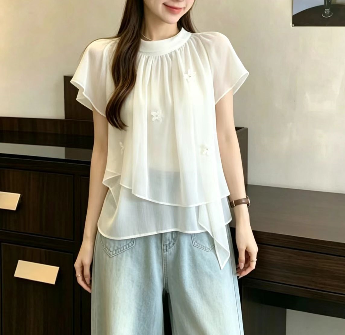 한 부서 품격 Feifei 소매 시폰 셔츠 여성 여름 빅 사이즈 지방 mm 불규칙 루즈핏 슬림해 보이는 통기성 연령 감소 맨위