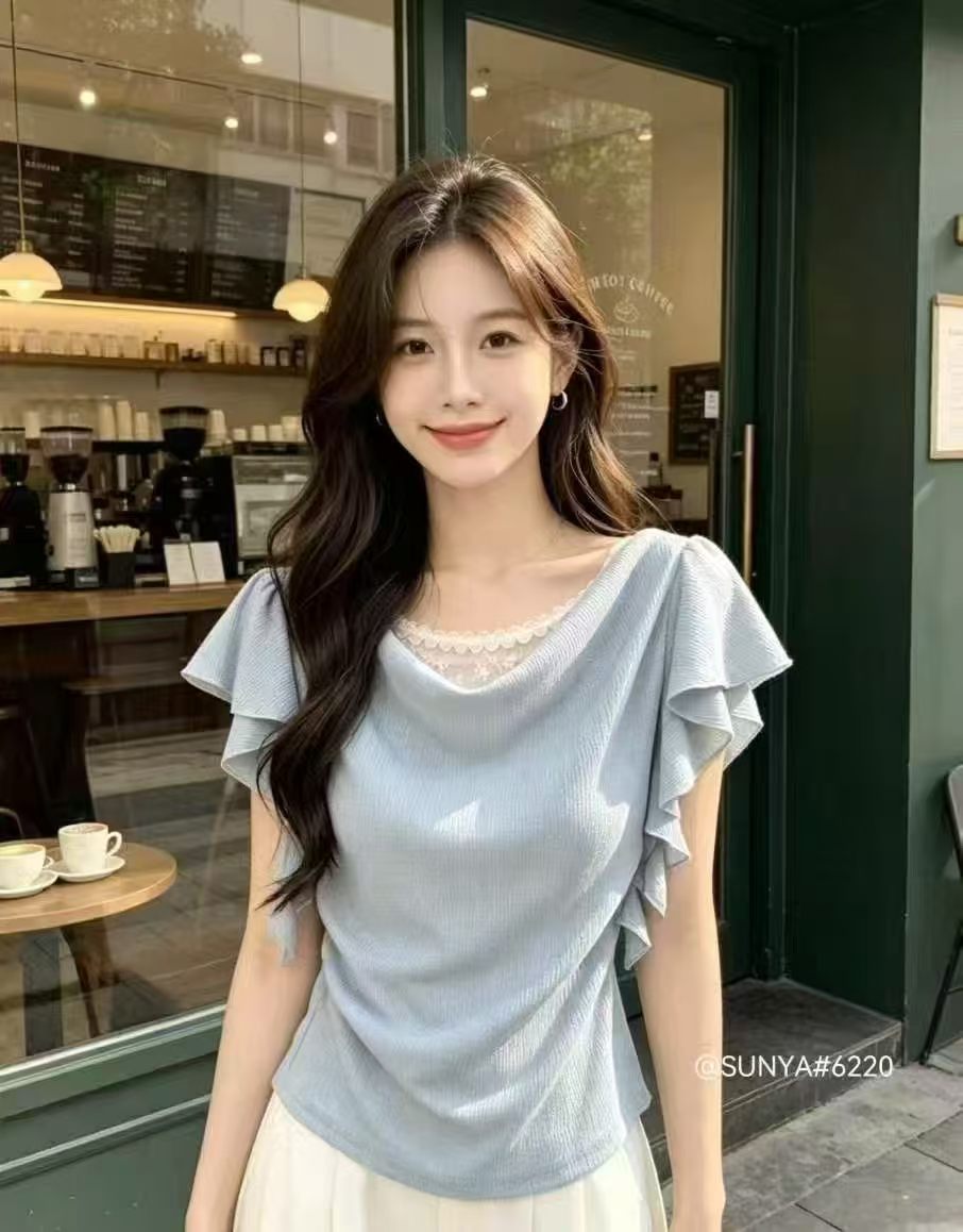 프랑스식 레이스 조각 흔들다 칼라 연꽃 잎 소매 티셔츠 여성 2026 여름 새로운 디자인 센스 페이크 레이어드 슬림해 보이는 맨위