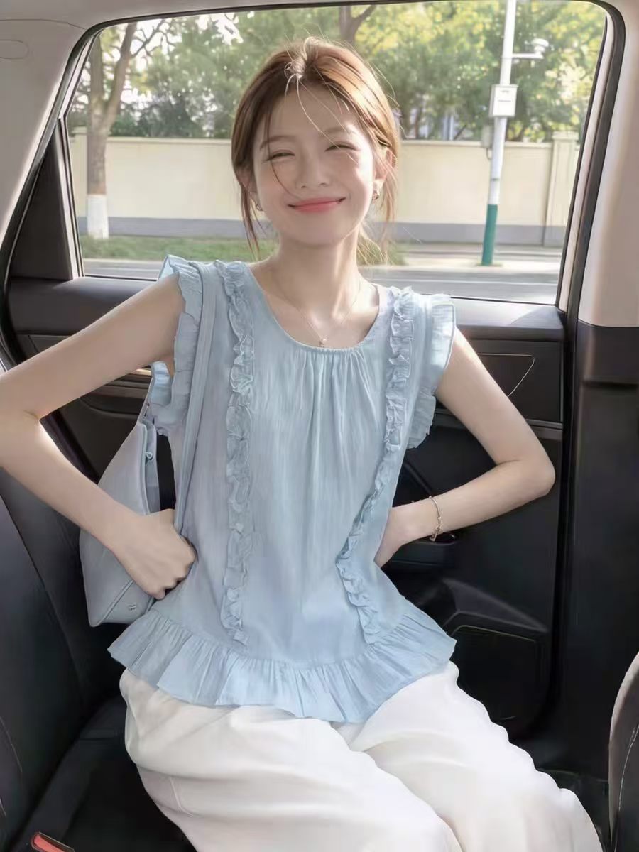 파란색 목이버섯 레이스 면 린넨 민소매 여성 셔츠 여름 얇은 스타일 한국 스타일 작은 단어 외국 가스 연령 감소 아마 맨위
