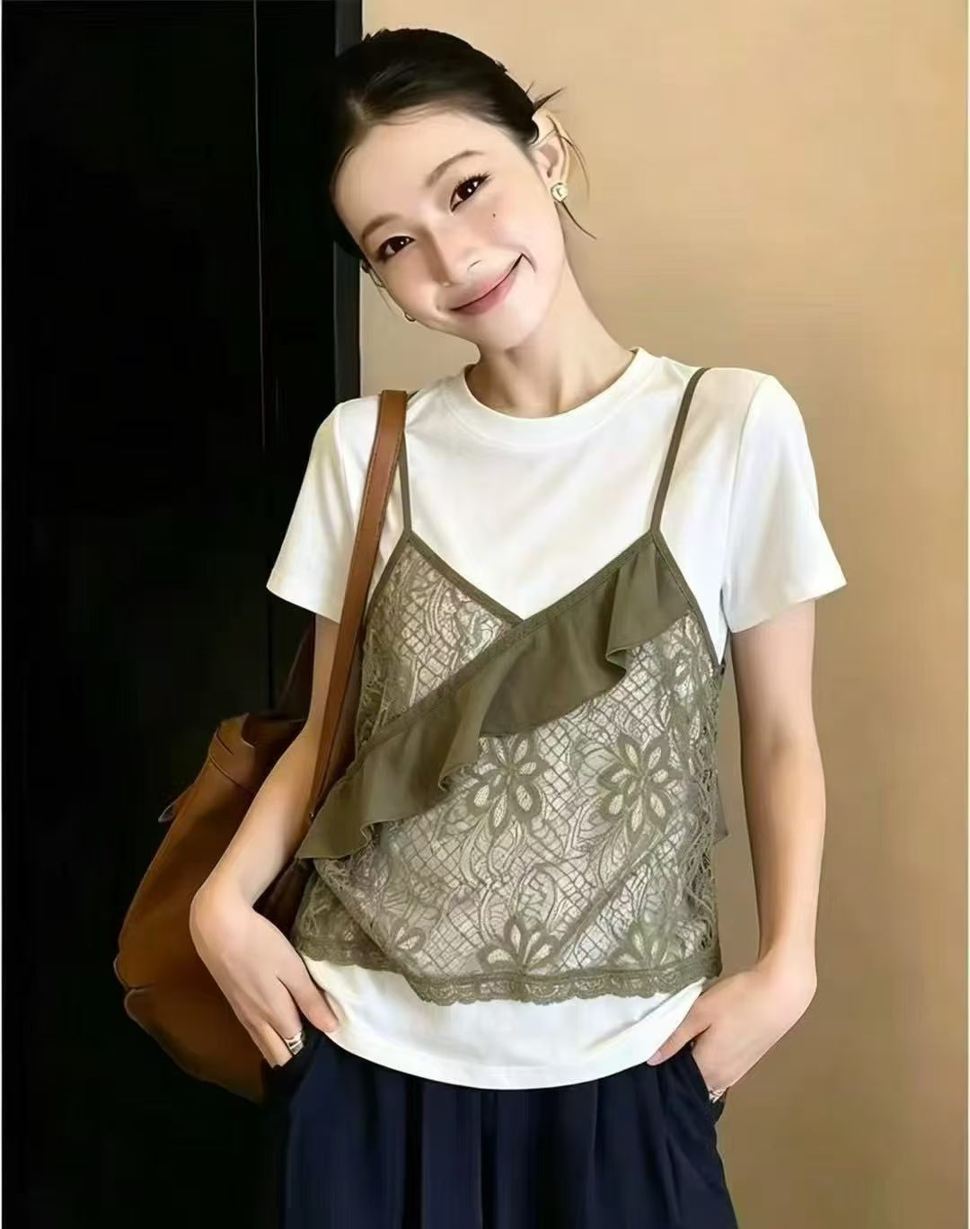 2026 여름 페이크 레이어드 레이스 조각 슬립 티셔츠 여성용 짧은 소매 루즈핏 슬림해 보이는 다용도 스택 착용 연령 감소 맨위