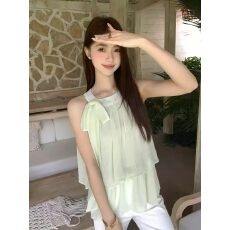 批发薄荷绿蝴蝶结挂脖背心衬衫女装夏季肌理感纹路层层荷叶边<b class='q'>雪纺</b><b class='q'>上衣</b>